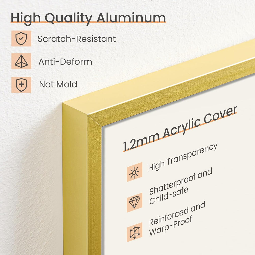 upsimples Aluminum 12x16 Picture Frame Gold, Display Photo 8.5x11 with Mat or 12 x 16 without Mat, Wall Hanging Metal Poster Frame with Acrylic Cover, 1 Pack