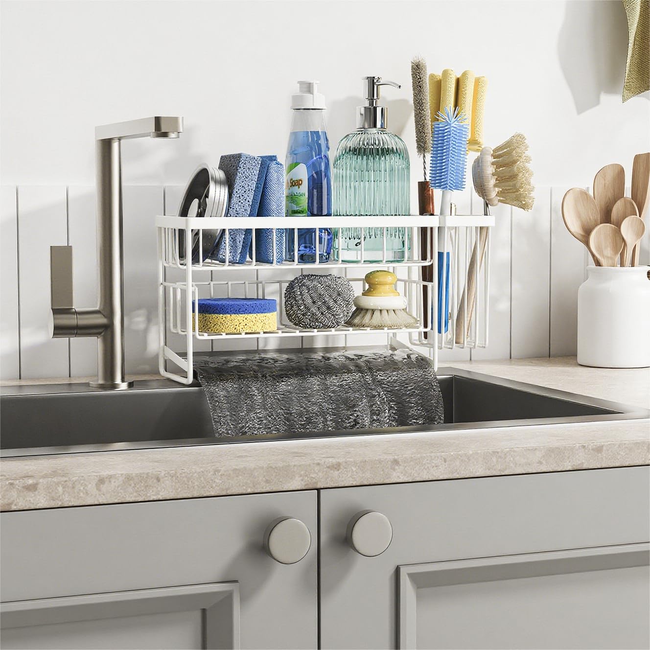 Cisily 2-Tier Kitchen Sink Caddy Organzier Rack with Flexible Dish Brush Holder, Sponge Holder for Kitchen Sink Countertop Organization Storage,Home Decor Accessories Essentials Stainless Steel