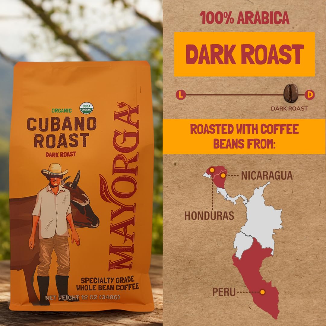 Mayorga Organic Coffee 2lb Cafe Cubano Roast - Dark Roast Whole Bean Specialty Grade Coffee, 100% Arabica, Slow Roasted, Bold and Smooth Flavor with Low Acidity - USDA Organic, Non-GMO, Kosher