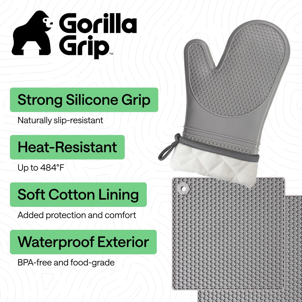 GORILLA GRIP BPA-Free Soft Silicone Oven Mitts, Heat Resistant and Waterproof Cooking Safety Gloves, Thick Cotton Lining, Flexible Gripping, Kitchen Potholders Set, for Grilling, BBQ, 12.5x8.3, Black