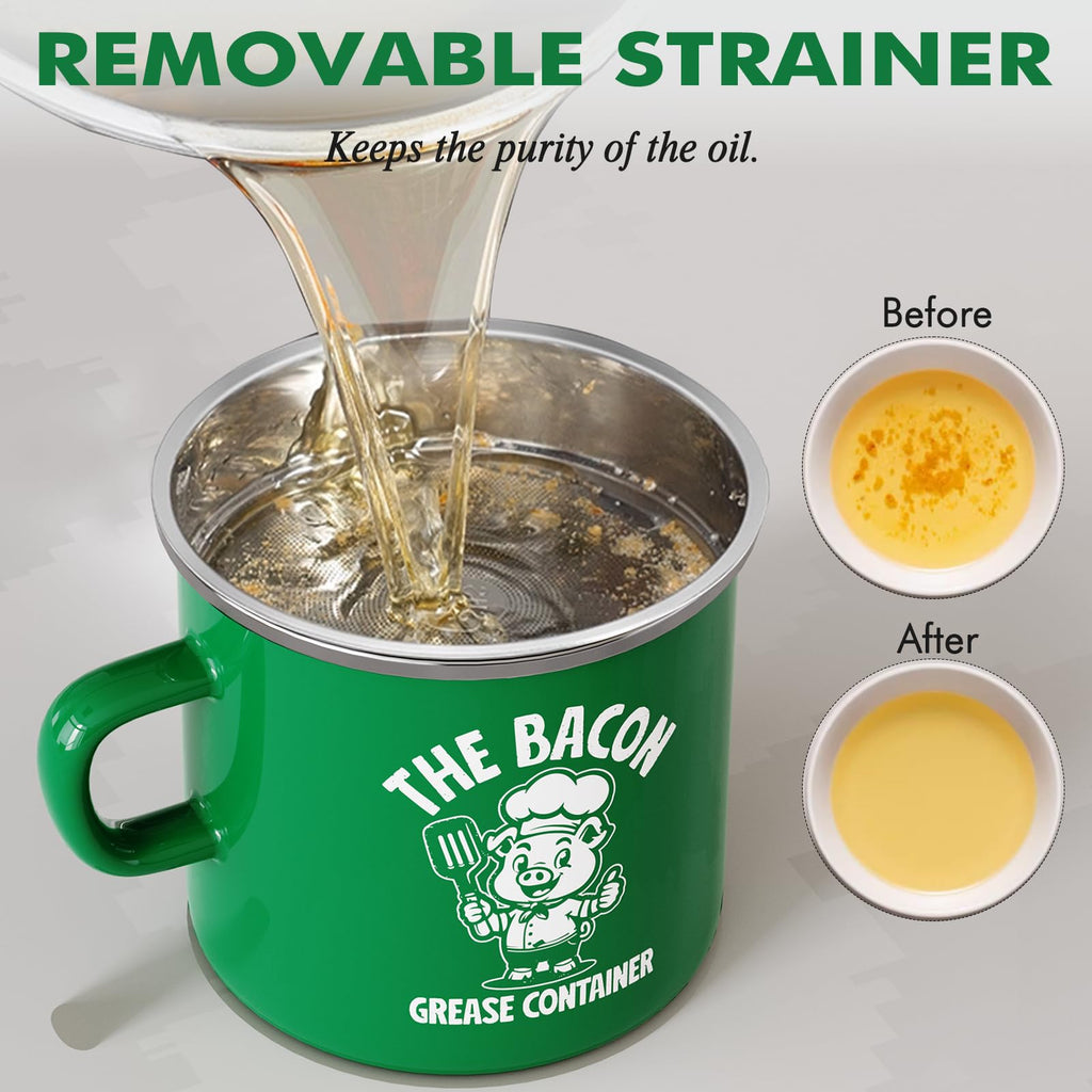 PGYARD Mini Bacon Grease Saver With Strainer - 15OZ Enamel Grease Container, Farmhouse Bacon Grease Keeper For Kitchen Fat Storage, Dishwasher Safe-Red