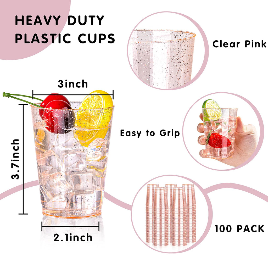 DaYammi 100 Pack 10oz Pink Plastic Cups for Party Premium Glitter Disposable Plastic Cup for Martini and Cocktail, Hard Pink Disposable Cups for Wedding,pink cups for Mother's Day Party
