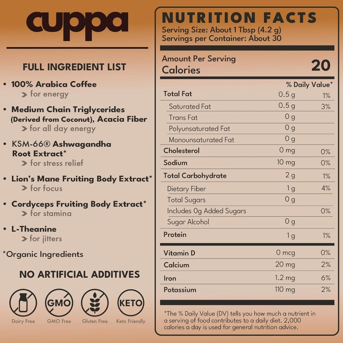 Cuppa Medium Roast Mushroom Coffee with Adaptogens & Superfoods - Lion’s Mane, Ashwagandha & Cordyceps. Adaptogens + MCT to support natural energy, mental focus & gut health (30 Servings)