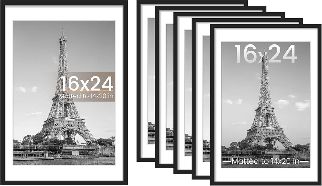 upsimples 16x24 Picture Frame Set of 6, Display Pictures 14x20 with Mat or 16 x 24 Without, Wall Gallery Poster Frames, Black