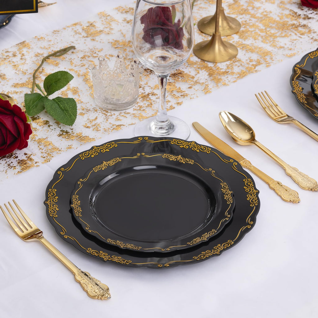 DaYammi 150Pcs Ivory Plastic Plates with Gold Rim,Disposable Plastic Plates Include 30 Dinner Plate,30 Salad Plate,30 Forks,30 Spoons,30 Knives,Ivory and Gold Plates for Party,Wedding,Mother's Day