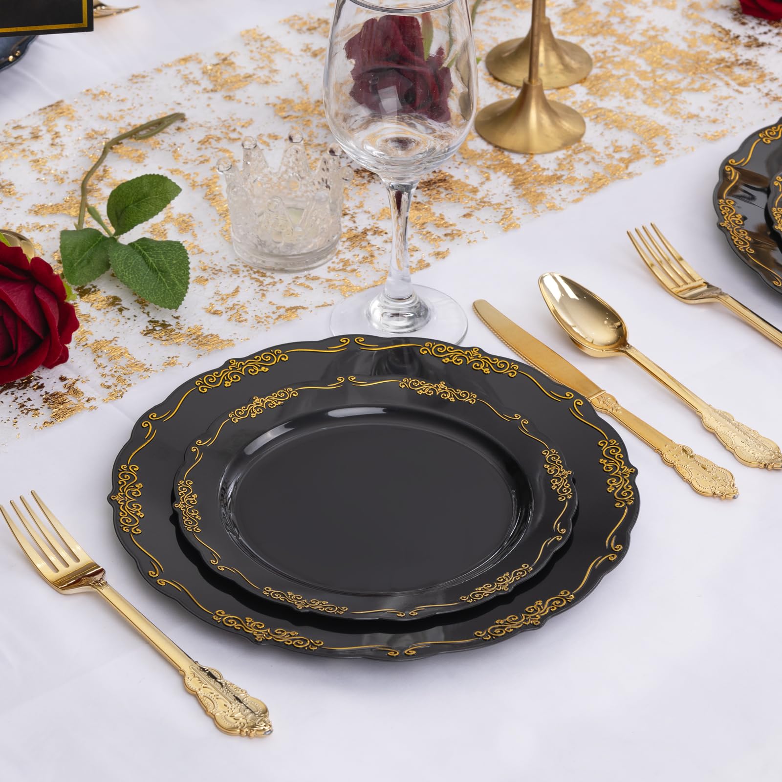 DaYammi 150Pcs Ivory Plastic Plates with Gold Rim,Disposable Plastic Plates Include 30 Dinner Plate,30 Salad Plate,30 Forks,30 Spoons,30 Knives,Ivory and Gold Plates for Party,Wedding,Mother's Day