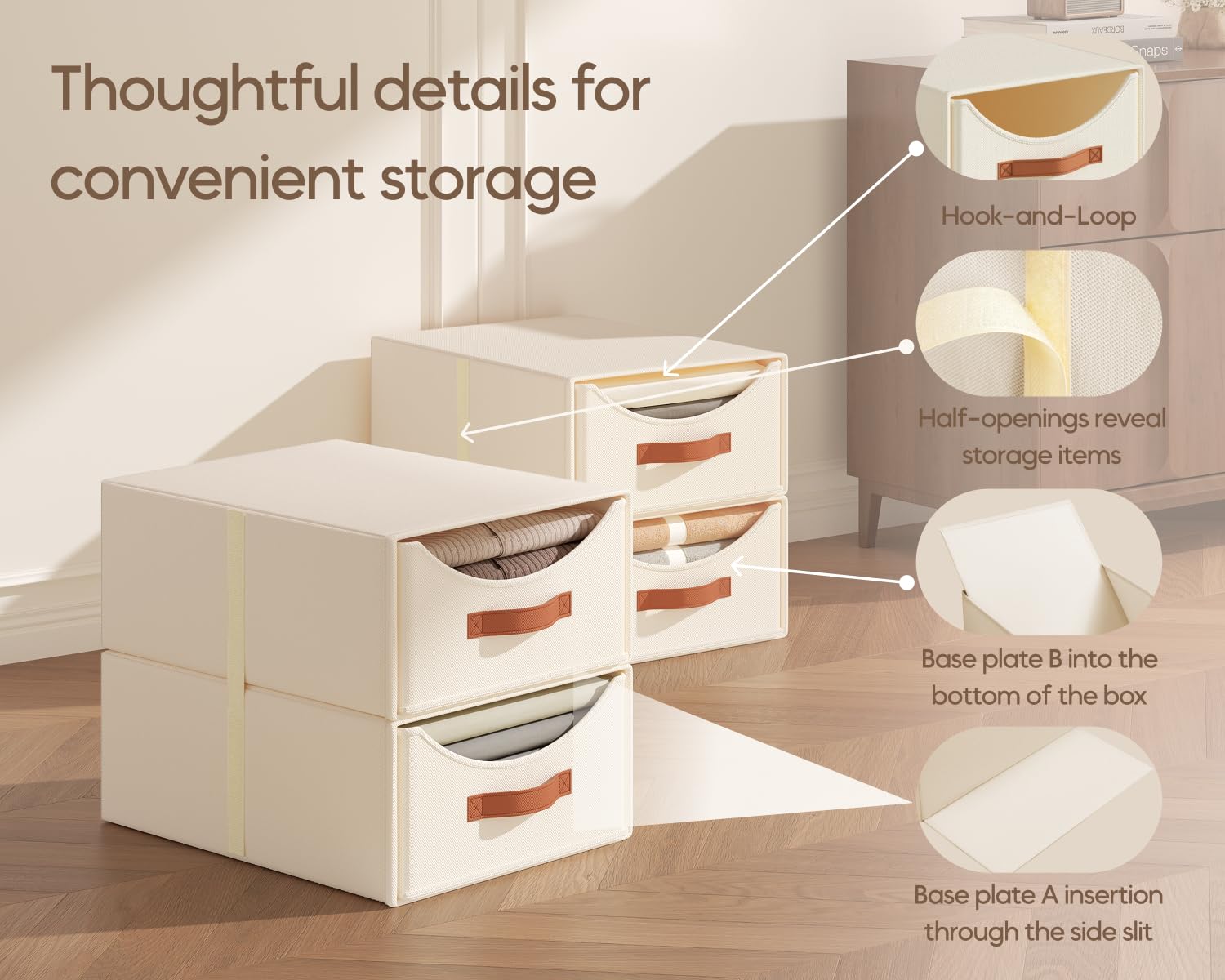 Homsorout Stackable Storage Drawers - Collapsible Storage Bins with Drawers, 4 Pack Closet Shelf Organizer Basket, Fabric Pull Out Organizer for Bedroom, Living Room, Dorm, Beige
