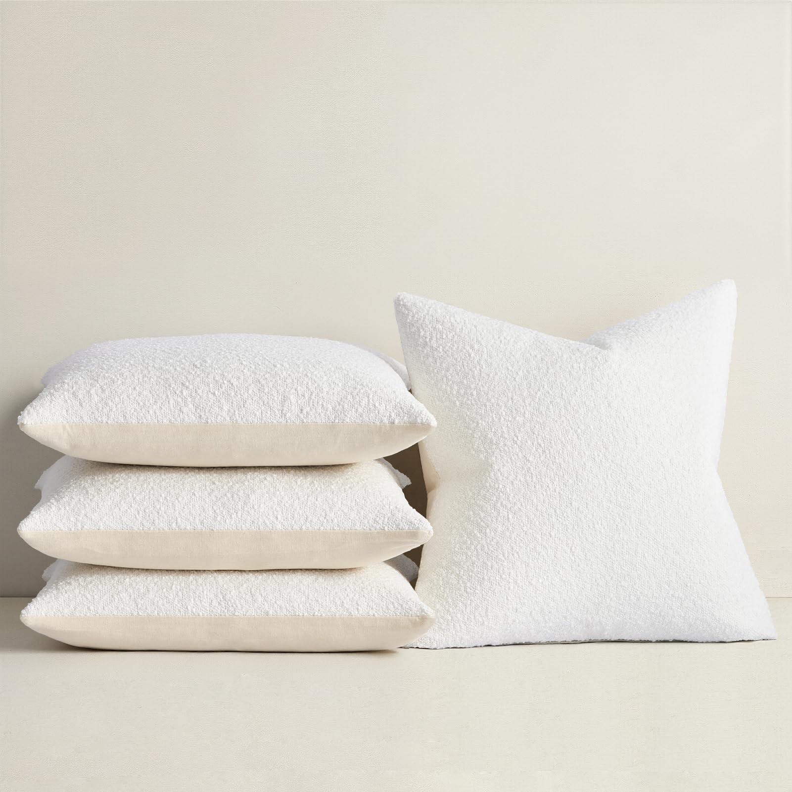 Topfinel Boucle Decorative Pillow Covers 18x18 Inches Set of 4 Neutral Cream Ivory White Pillowcase with Linen Cotton Back Chair Sofa Modern & Minimal Living Room Spring Home Decor