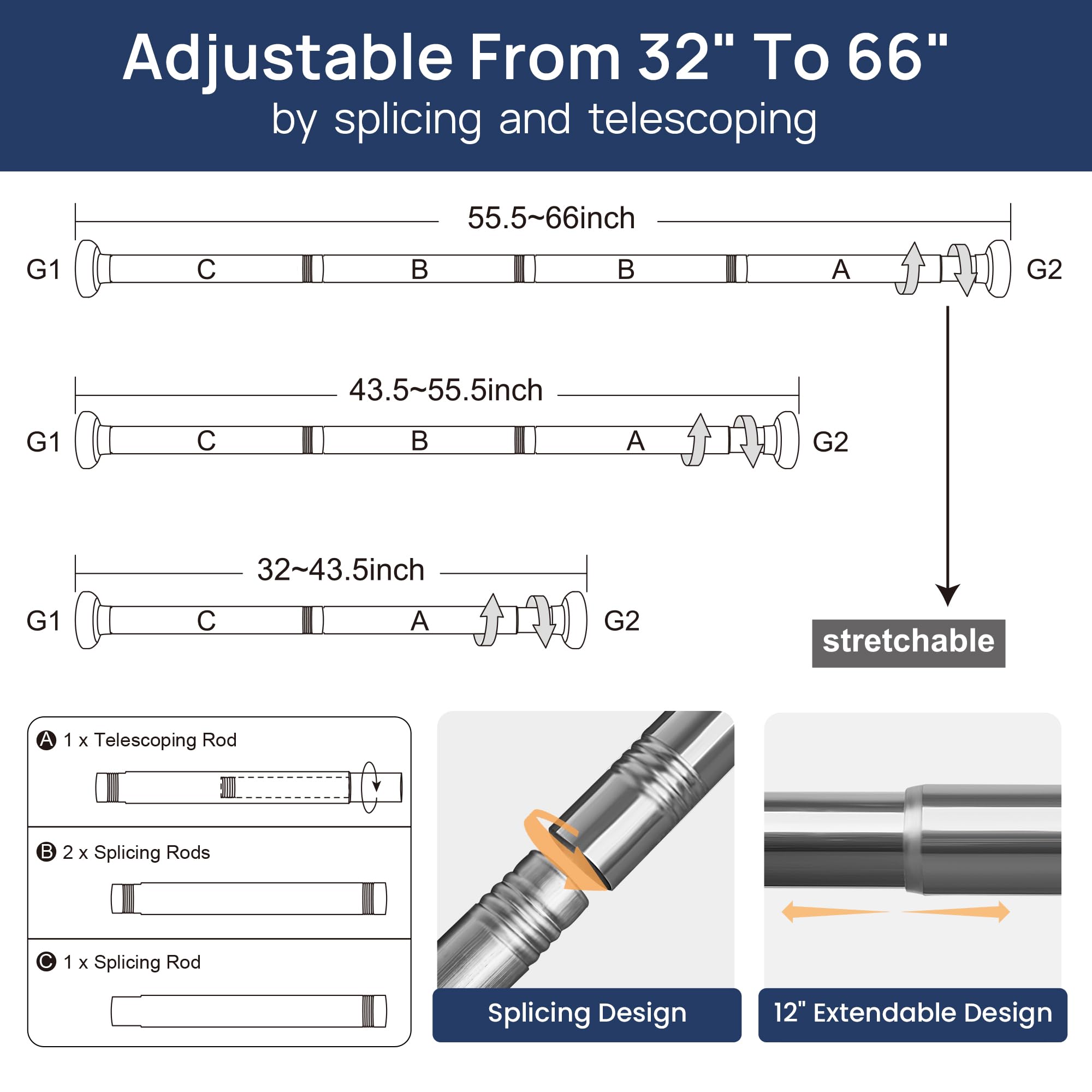 ENJOYBASICS 2 Pack Adjustable Spring Tension Curtain Rods 32 to 66 Inches, Stainless Steel Matte Black Shower Rod No Drilling for Window, Bathroom, Closet, Room Divider, 7/8" Diameter