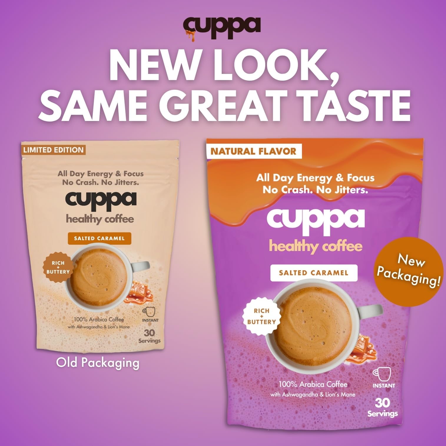Cuppa Medium Roast Mushroom Coffee with Adaptogens & Superfoods - Lion’s Mane, Ashwagandha & Cordyceps. Adaptogens + MCT to support natural energy, mental focus & gut health (30 Servings)