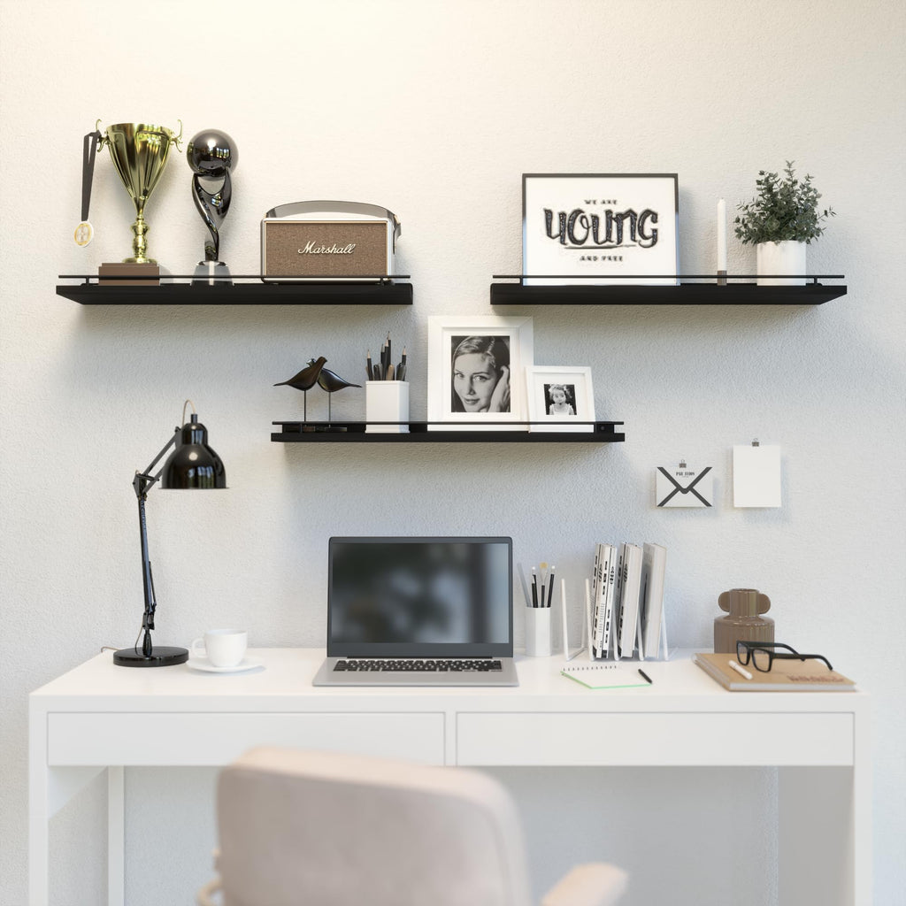 WOPITUES Floating Shelves with Black Metal Guardrail, Shelves for Wall Decor Set of 3, Wall Shelves for Bedroom, Bathroom, Kitchen, Living Room, Plants, Picture Frames, Art- Black
