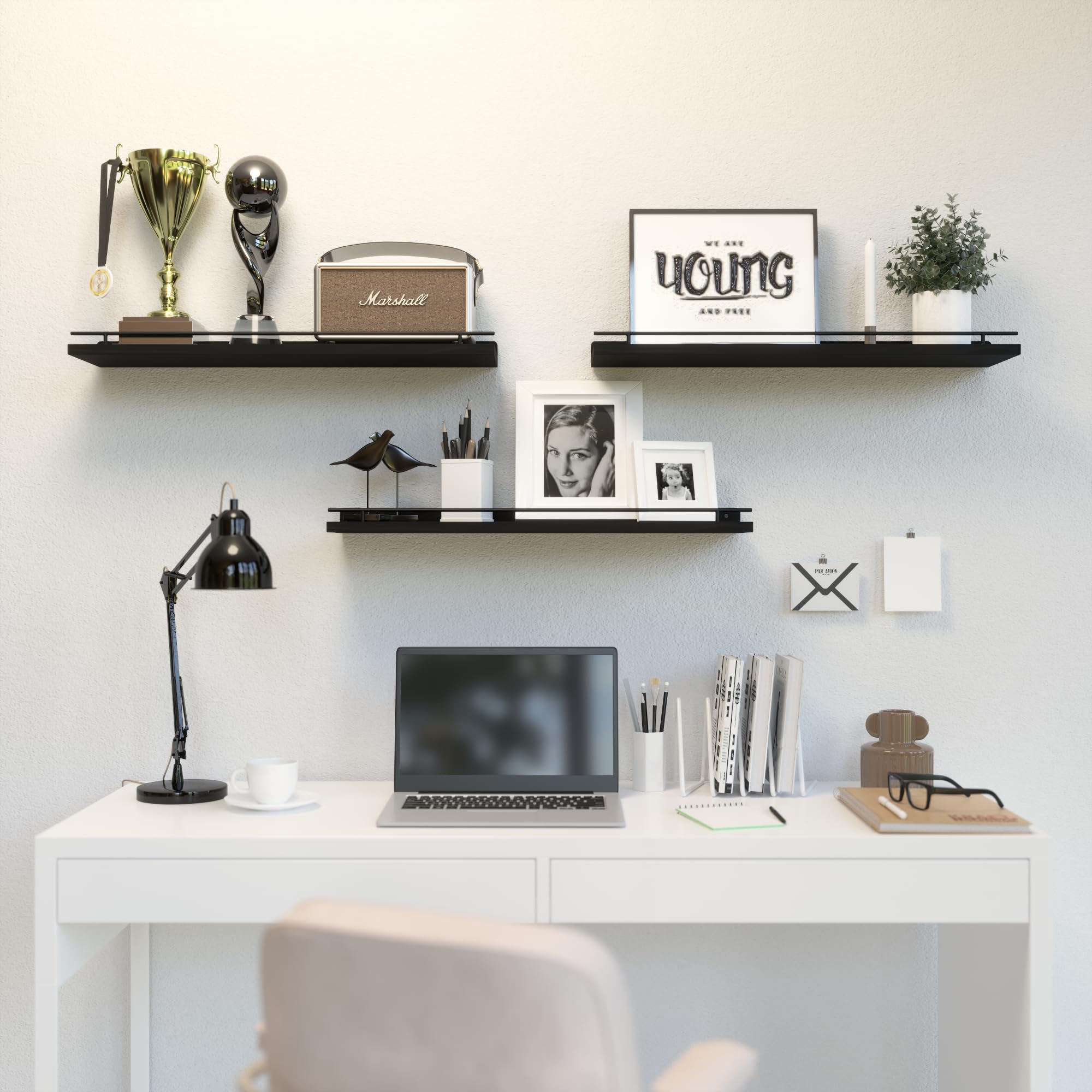 WOPITUES Floating Shelves with Black Metal Guardrail, Shelves for Wall Decor Set of 3, Wall Shelves for Bedroom, Bathroom, Kitchen, Living Room, Plants, Picture Frames, Art- Black