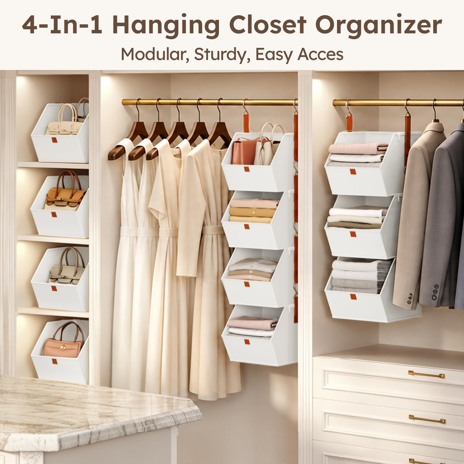 Homsorout Hanging Closet Organizer 4 Tier - Clothes Hanging Shelves, Space-Saving Closet System, Fabric Storage Bins Bedroom Organization, Collapsible Baskets for Home, Dorm, Rv, Beige