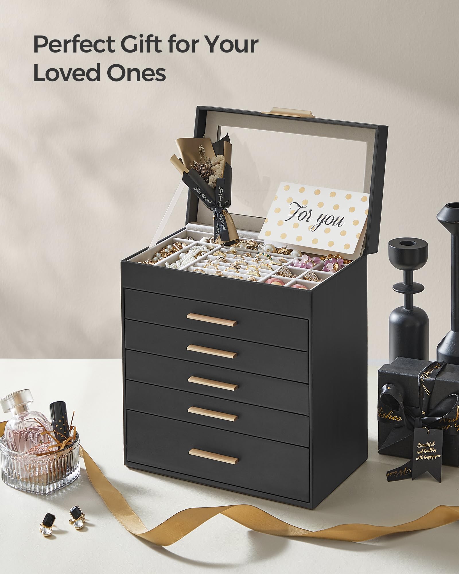 SONGMICS GISELLA Collection - Jewelry Box Organizer, 3-Layer Jewelry Storage with 2 Drawers, Shiny Metal Hardware, Glass Lid, Modern, 8 x 9.1 x 5.3 Inches, Cloud White and Gold Color UJBC239WT