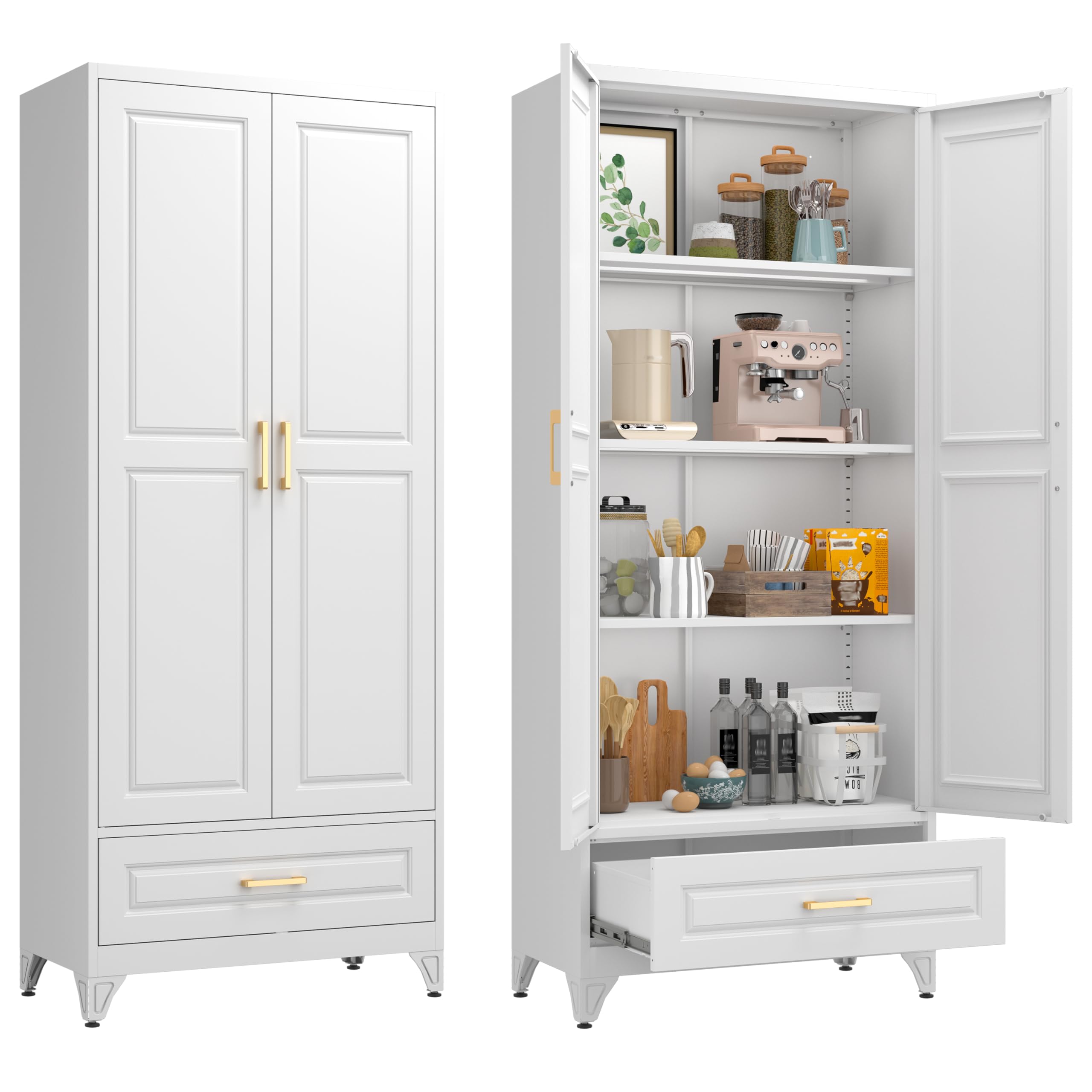 75" Tall Metal Kitchen Storage Cabinet,White Kitchen Pantry Storage Cabinet with Doors and 4 Adjustable Shelves,Utility Cabinet for Living Room,Garage,Dining Room and Office,Assemble Required