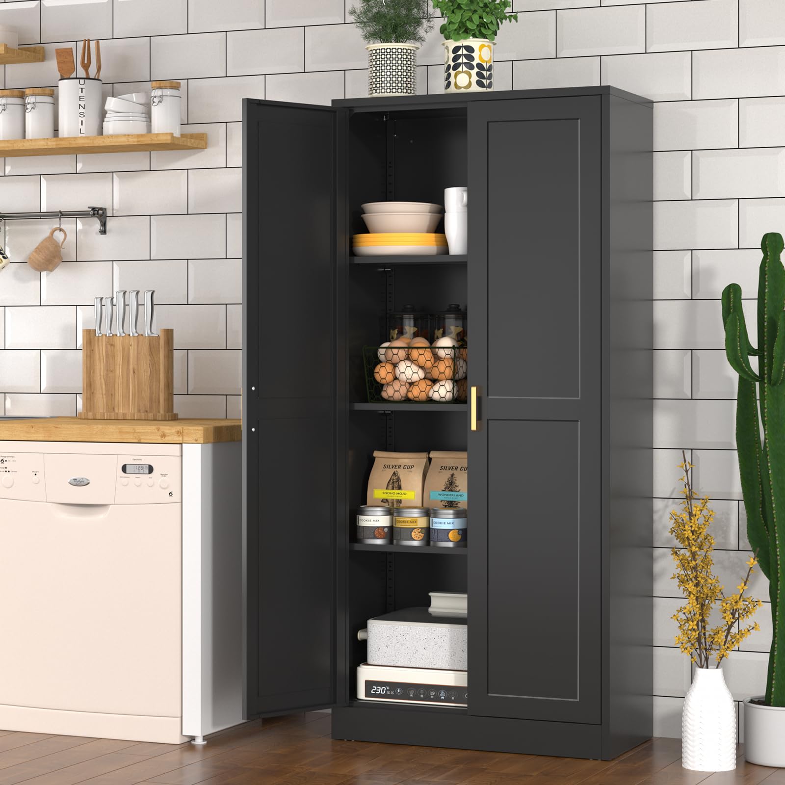 Polup White Kitchen Pantry Cabinet, 71 Inch Tall Metal Storage Cabinet with Doors and Shelves, Pantry Cabinets for Kitchen Storage, Freestanding Cupboard for Living, Dining Room, Assemble Required