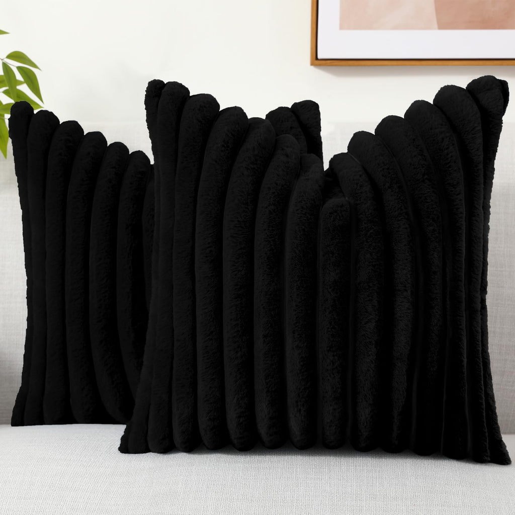 decorUhome Cozy Faux Fur Spring Throw Pillow Covers 18x18 Set of 2 Decorative Soft Plush Striped Modern Farmhouse Boho Couch Pillow Cases with Velvet Back for Sofa Bed Living Room, Cream White