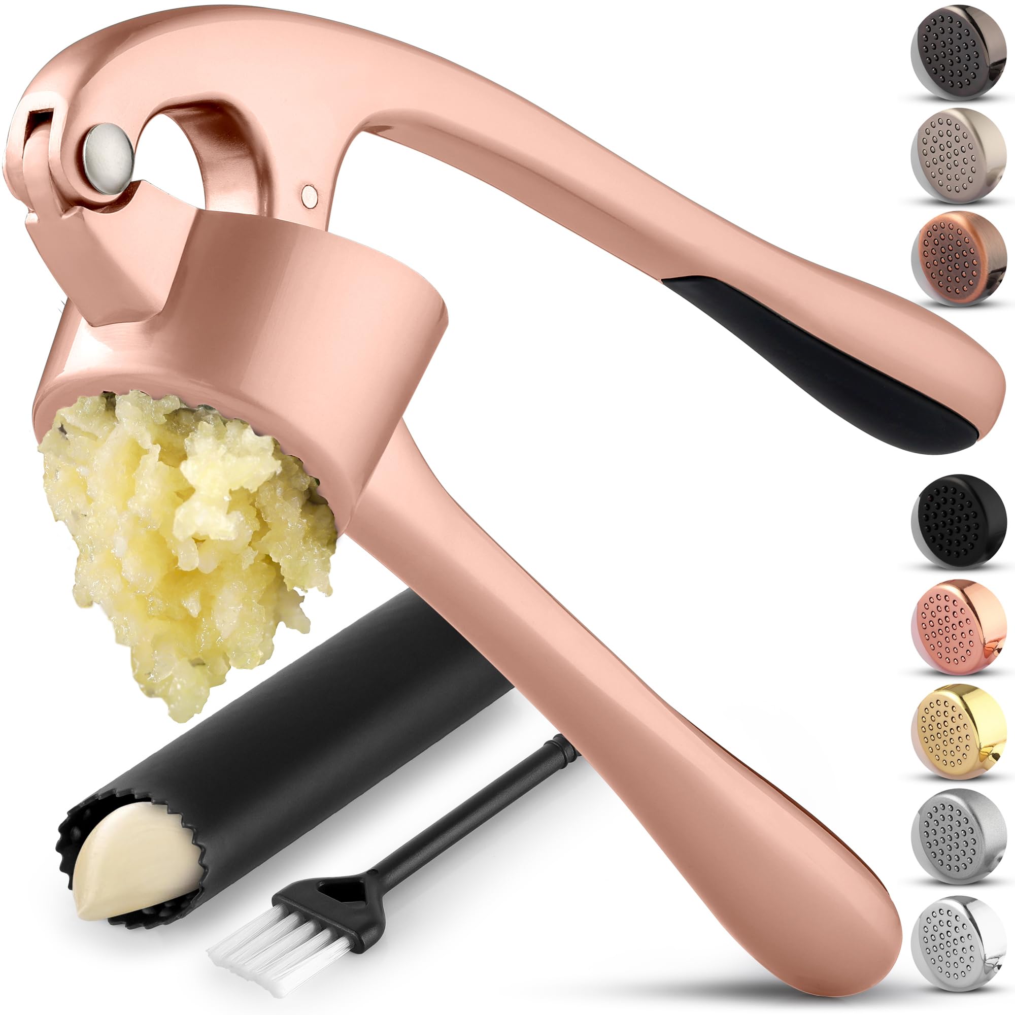 Zulay Kitchen Premium Garlic Press Set - Rust Proof Professional Garlic Mincer Tool - Easy-Squeeze, Easy-Clean with Soft, Ergonomic Handle - Silicone Garlic Peeler & Brush (Silver)