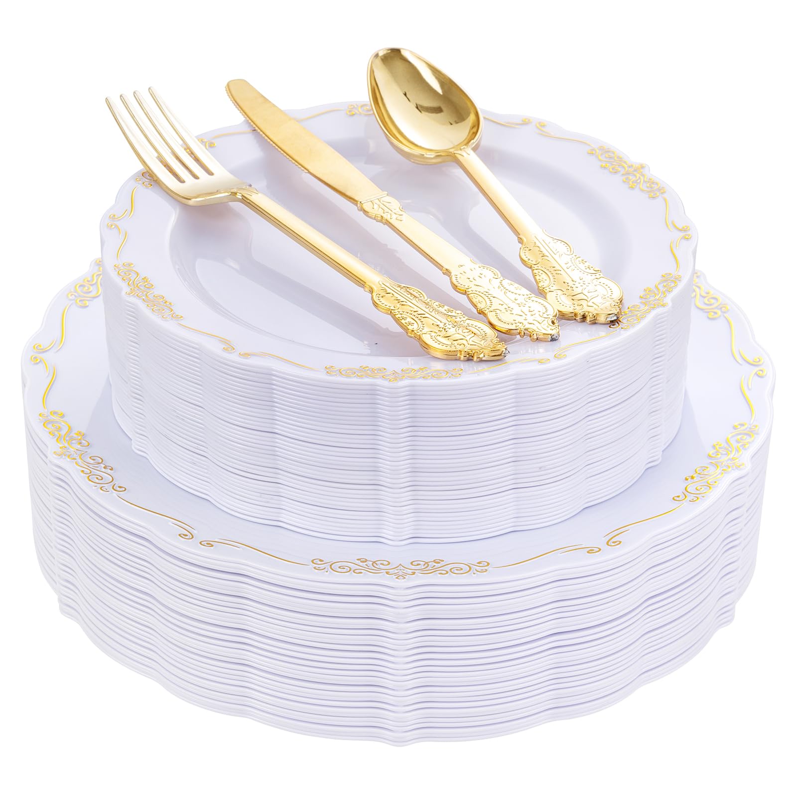 DaYammi 150Pcs Ivory Plastic Plates with Gold Rim,Disposable Plastic Plates Include 30 Dinner Plate,30 Salad Plate,30 Forks,30 Spoons,30 Knives,Ivory and Gold Plates for Party,Wedding,Mother's Day