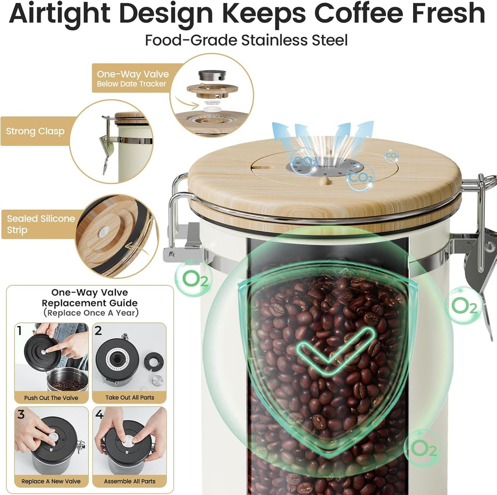 Veken Coffee Canister with Window,Airtight Stainless Steel Kitchen Food Storage Container, Date Tracker & Scoop for Grounds Coffee, Beans, Tea,Flour,Cereal,Sugar,22OZ,Copper