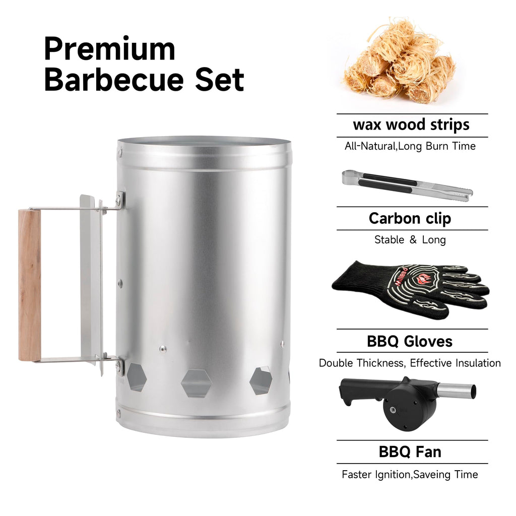 WILLBBQ Charcoal Chimney Starter Great for Fireplace, BBQ, Fire Pits, Barbecues, Chimineas, Campfires, Pizza Ovens - Zinc Steel BBQ Kit, 20 Starters, Heat Resistant Gloves Blower (Bright Black)