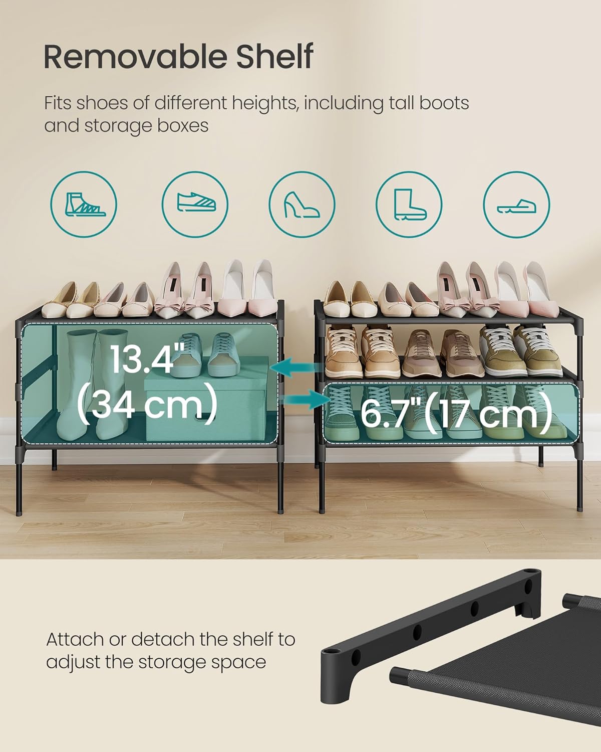 SONGMICS Shoe Rack, 3-Tier Shoe Storage Organizer, Space-Saving, 11.7 x 24.5 x 21 Inches, Entryway, Metal Frame, Non-Woven Fabric Shelves, Ink Black ULSH023BH01