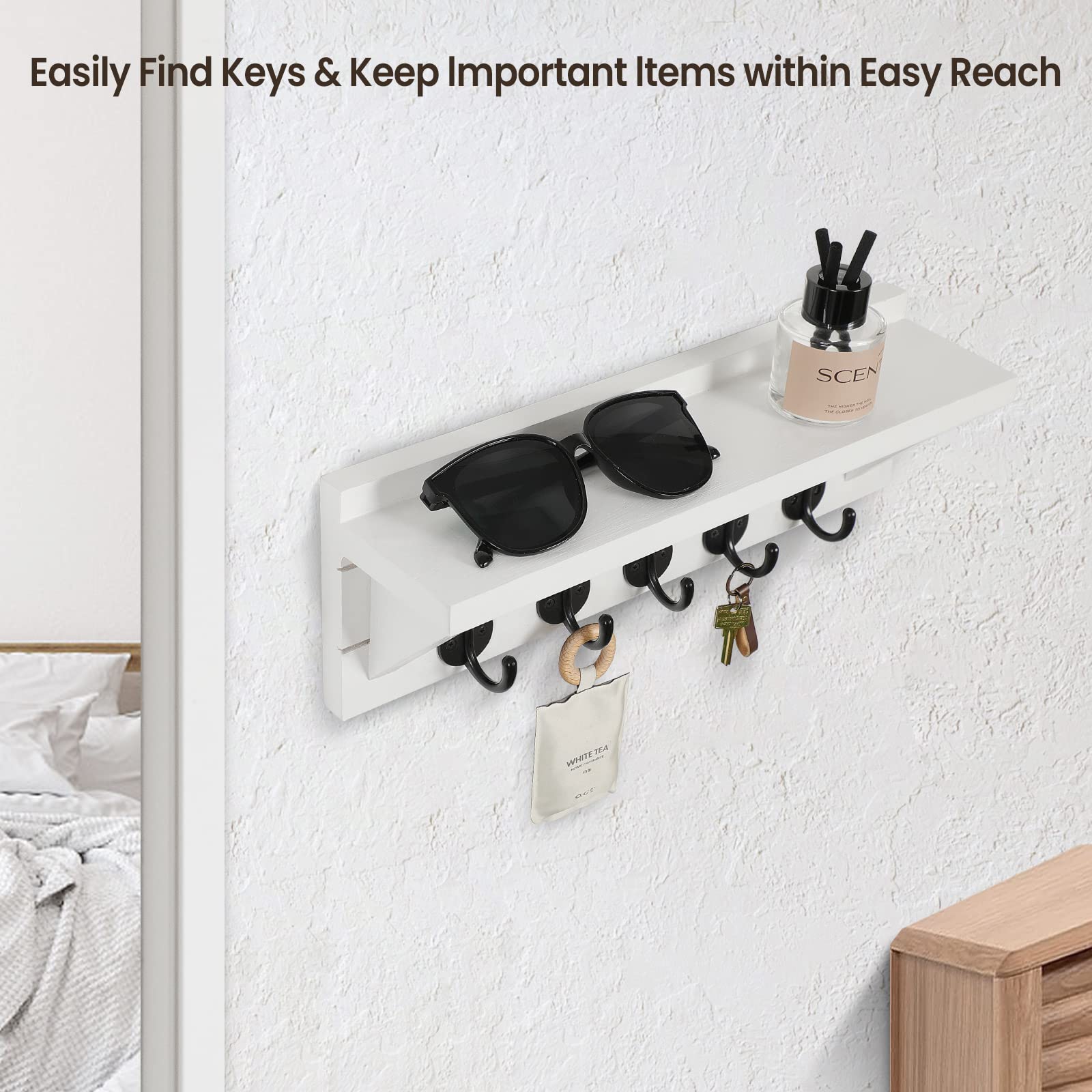 Wall Key Holder with Shelf, Rustic Shelf with Hooks Made of Paulownia Wood Holds Keys, Dog Leash, Bags and More - 13.7" W x 4.7" H x 3.5" D Decorative Key Hanger and Entryway Shelf (Gray)