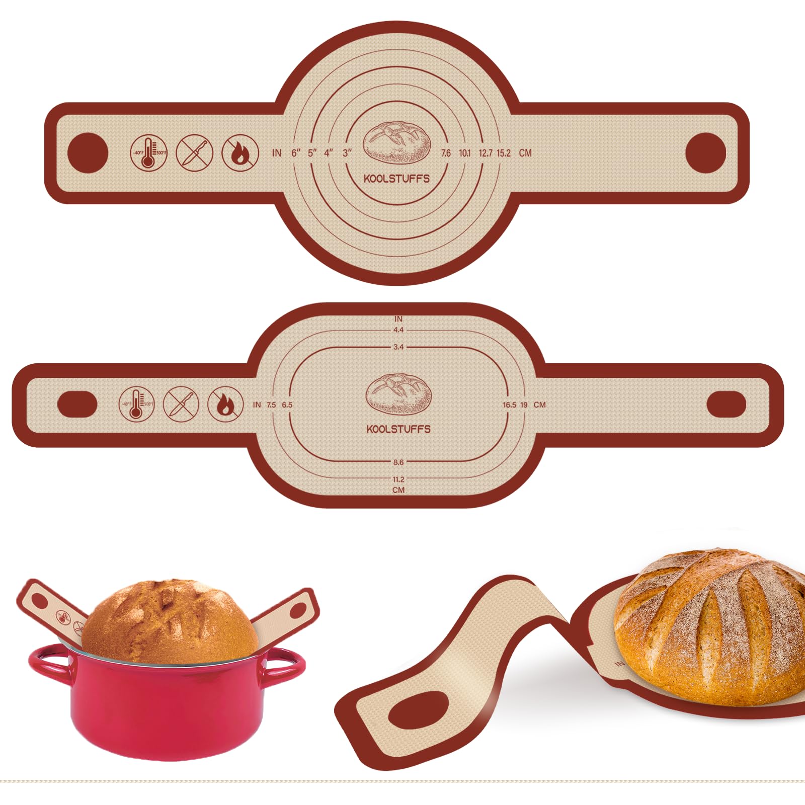 Silicone Bread Sling for Dutch Oven, 2 PCS Red Non-Stick & Reusable Bread Baking Supplies with Extra Long Handles, Easily Transfer Sourdough, Dishwasher Safe, Round