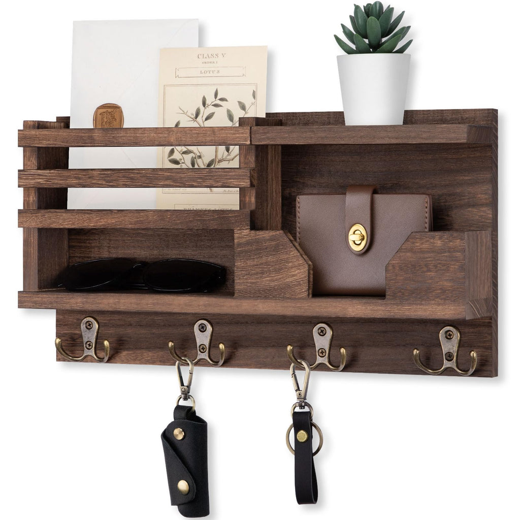 Mail and Key Holder for Wall – Decorative 15.9” x 8.7” x 3.2” Entryway Organizer with Shelf – Paulownia Wood with 4 Dual Hooks Includes Mounting Hardware and Installation Guide