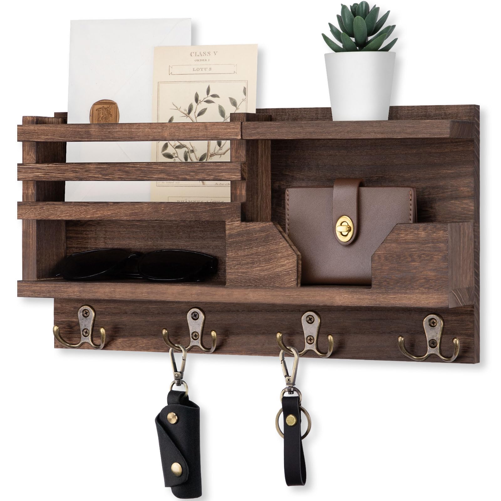 Mail and Key Holder for Wall – Decorative 15.9” x 8.7” x 3.2” Entryway Organizer with Shelf – Paulownia Wood with 4 Dual Hooks Includes Mounting Hardware and Installation Guide