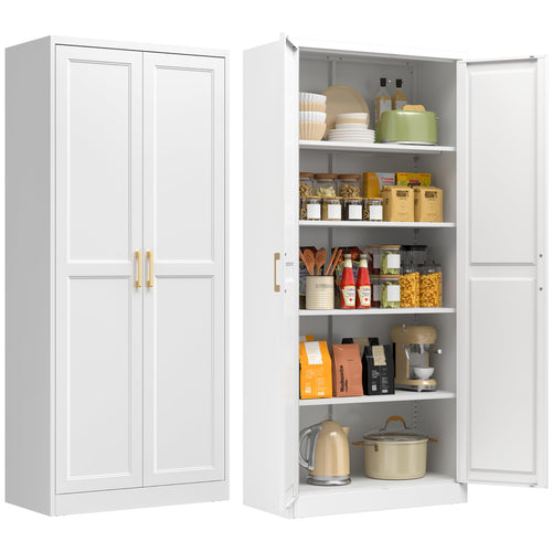 75" Tall Metal Kitchen Storage Cabinet,White Kitchen Pantry Storage Cabinet with Doors and 4 Adjustable Shelves,Utility Cabinet for Living Room,Garage,Dining Room and Office,Assemble Required