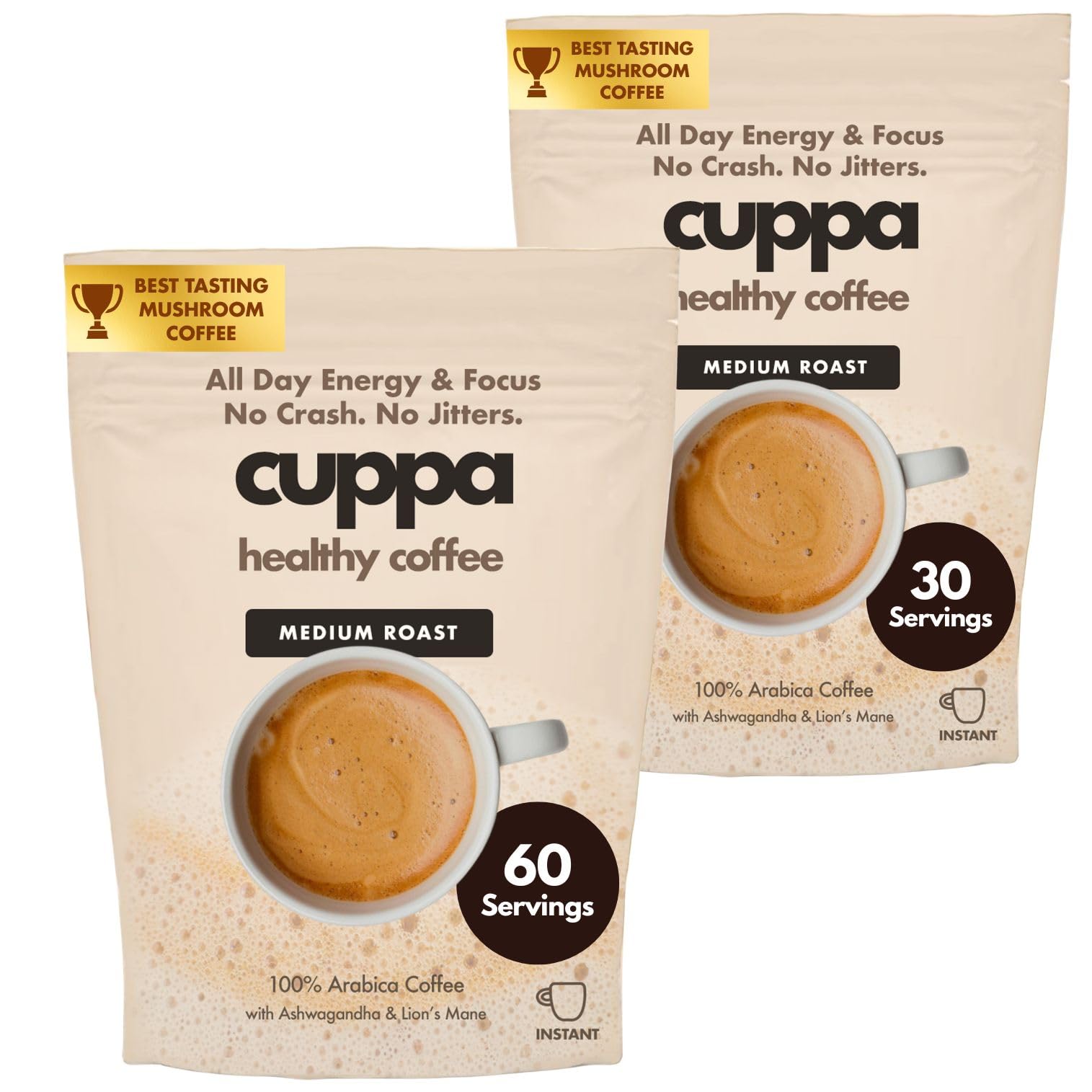 Cuppa Medium Roast Mushroom Coffee with Adaptogens & Superfoods - Lion’s Mane, Ashwagandha & Cordyceps. Adaptogens + MCT to support natural energy, mental focus & gut health (30 Servings)
