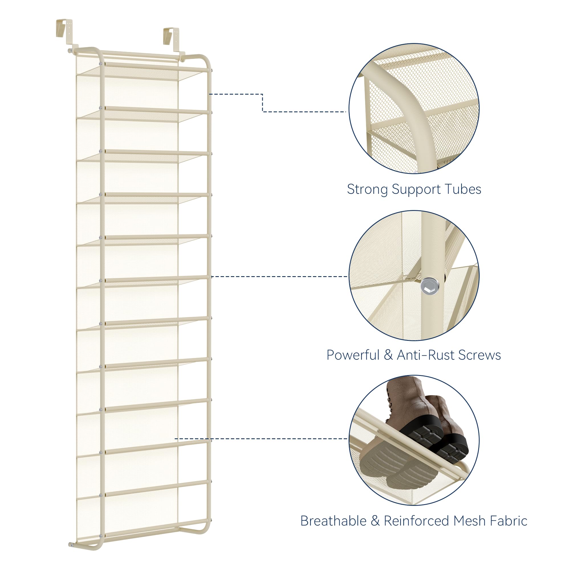 Whitmor 36 Pair Over the Door Shoe Organizer, 12 Tier Hanging Shoe Organizer, Heavy Duty Metal & Mesh Shoe Holder, Hanging Shoe Rack for Closet Organizer & Storage, 74"L x 21.7"W x 7.5"H, White
