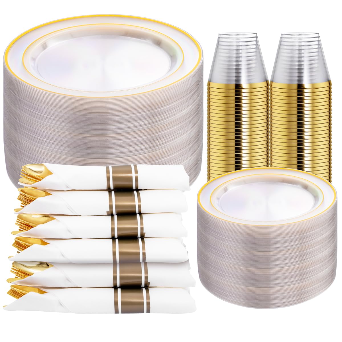 DaYammi 350PCS Gold Plastic Dinnerware Set for 50 Guests, Fancy Disposable Plates for Party, Include: 50 Dinner Plates, 50 Dessert Plates, 50 Pre Rolled Napkins with Gold Silverware, 50 Cups