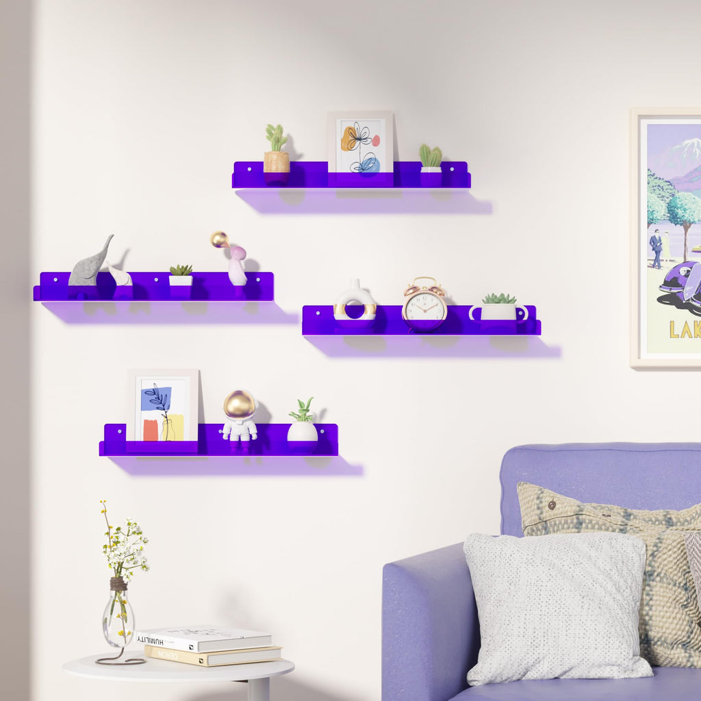 upsimples Acrylic Shelves for Bathroom Storage, 15" Floating Shelves Wall Organizer for Perfume, Make up, Skincare, Kids Bookshelf for Bedroom, Nursery, Living Room Decor, Clear, 4 Pack