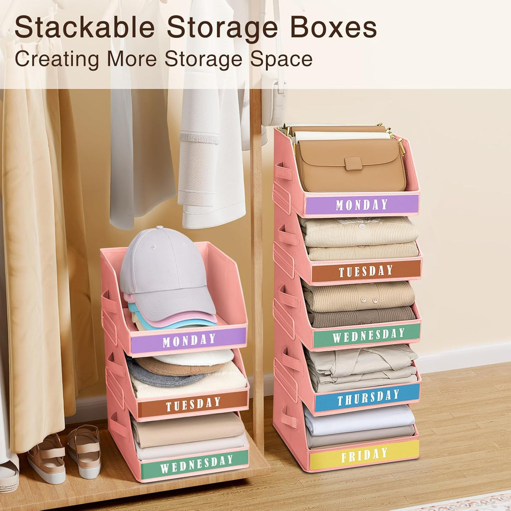 Homsorout Closet Organizers and Storage - 5 Tier Shelf Organizer with Weekly Labels, Stackable Storage Bins with Metal Frame, Pink & Grey
