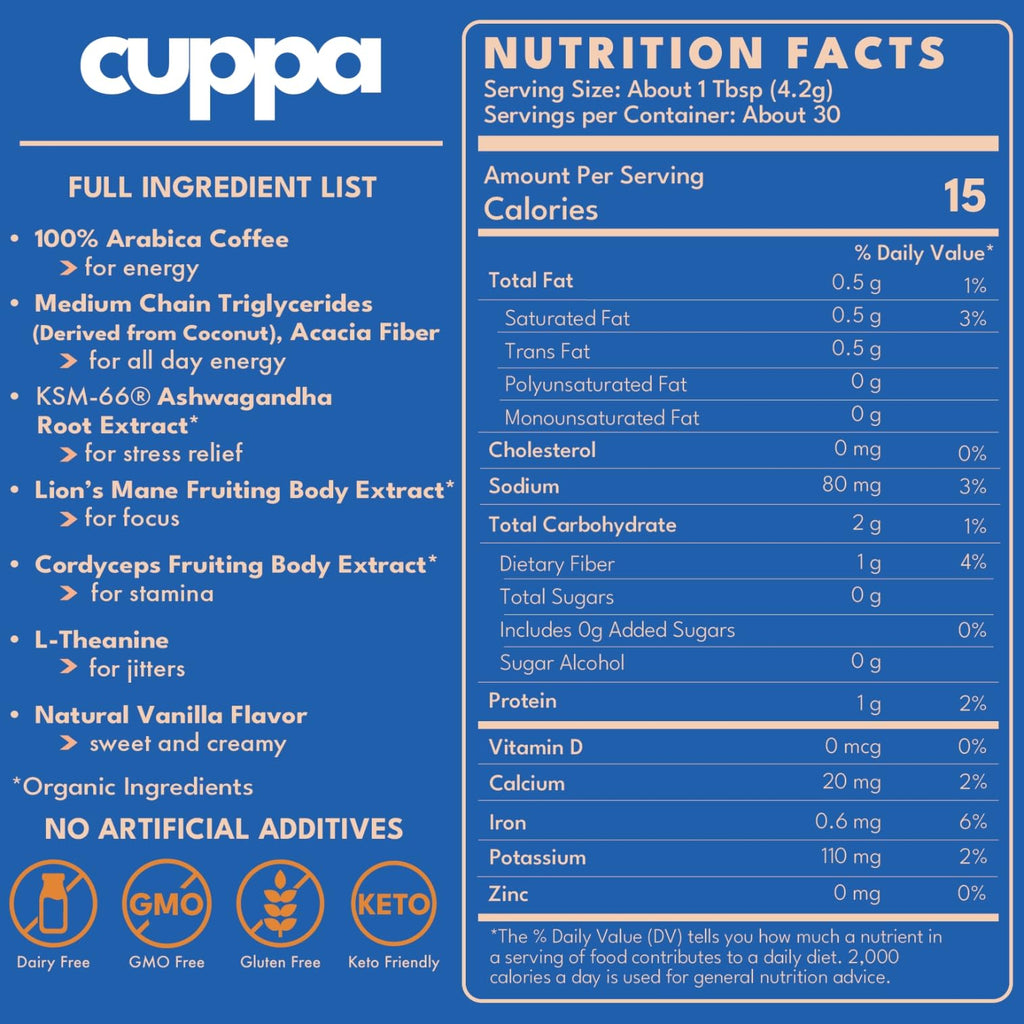 Cuppa Medium Roast Mushroom Coffee with Adaptogens & Superfoods - Lion’s Mane, Ashwagandha & Cordyceps. Adaptogens + MCT to support natural energy, mental focus & gut health (30 Servings)