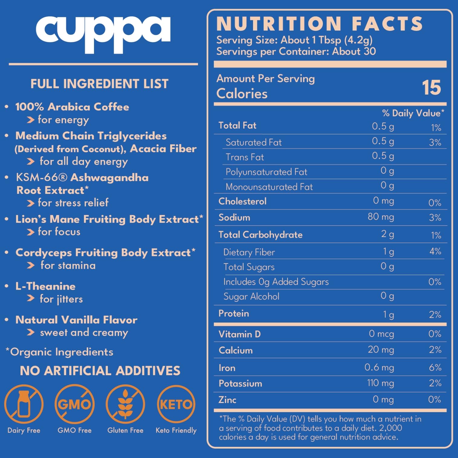 Cuppa Medium Roast Mushroom Coffee with Adaptogens & Superfoods - Lion’s Mane, Ashwagandha & Cordyceps. Adaptogens + MCT to support natural energy, mental focus & gut health (30 Servings)