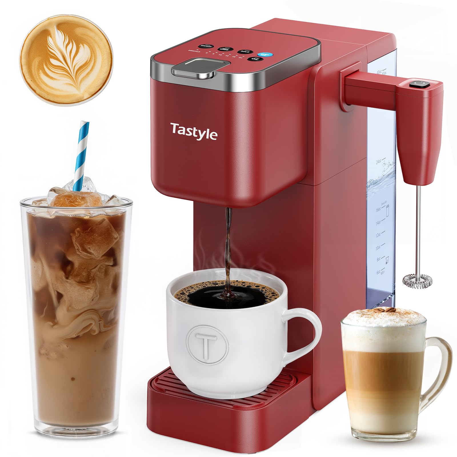 Tastyle 330MF Single Serve Coffee Maker with Built-in Detachable Milk Frother, Iced and Hot Coffee Machine for K Cup & Grounds, 40oz Removable Water Reservoir, 6 Cup Sizes, Fits 7.3" Travel Mug, Black