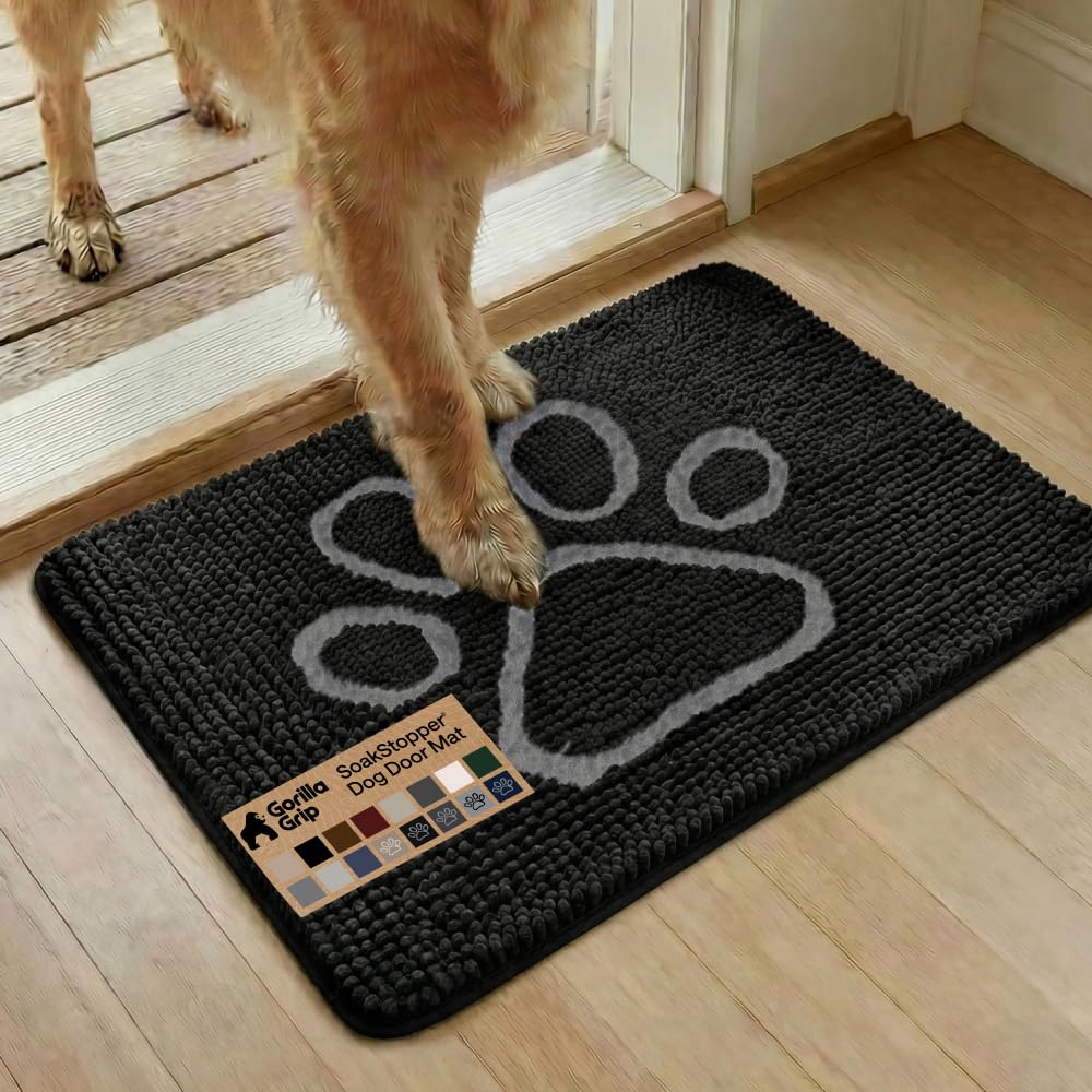 GORILLA GRIP SoakSTOPPER Dog Door Mat, Machine Washable Rug Absorbent Doormat Captures Moisture Mud Dirt, Quick Dry Soft Chenille Entryway Rugs Indoor Entrance Mats for Dog Paws, 24x17 Grey