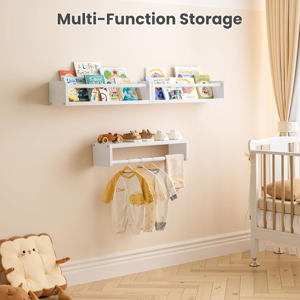 upsimples 2 Pack Nursery Book Shelves, 15.7 Inch Floating Bookshelves for Wall, Baby Nursery Decor, Small Solid Wood Wall Mounted Shelves for Baby Kids Boys Girls, White
