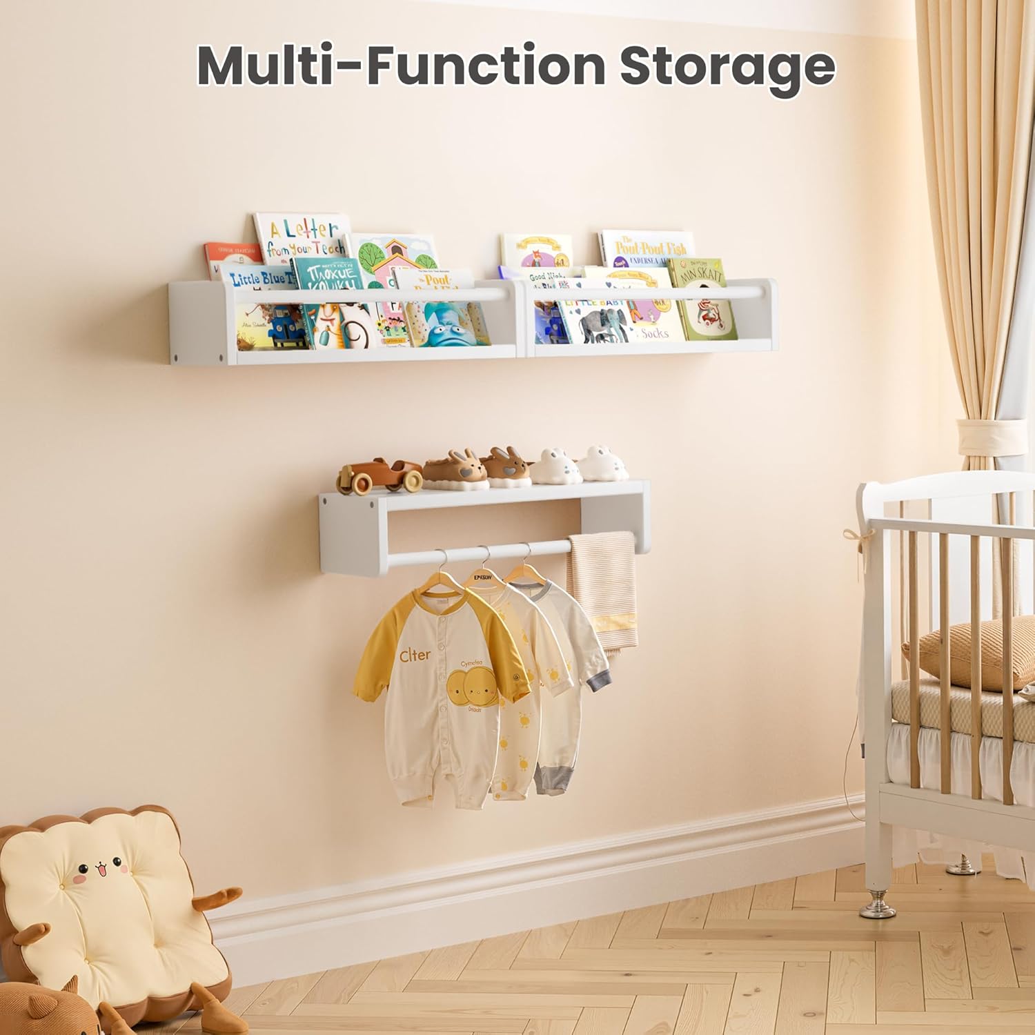 upsimples 2 Pack Nursery Book Shelves, 15.7 Inch Floating Bookshelves for Wall, Baby Nursery Decor, Small Solid Wood Wall Mounted Shelves for Baby Kids Boys Girls, White