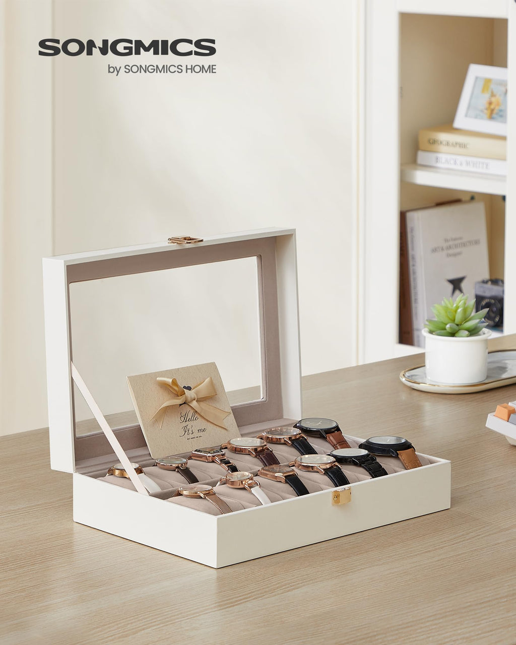 SONGMICS Watch Box, 12-Slot Watch Case Organizer with Large Glass Lid, Removable Pillows, Gift for Loved Ones, Black Synthetic Leather, Gray Lining UJWB12BK