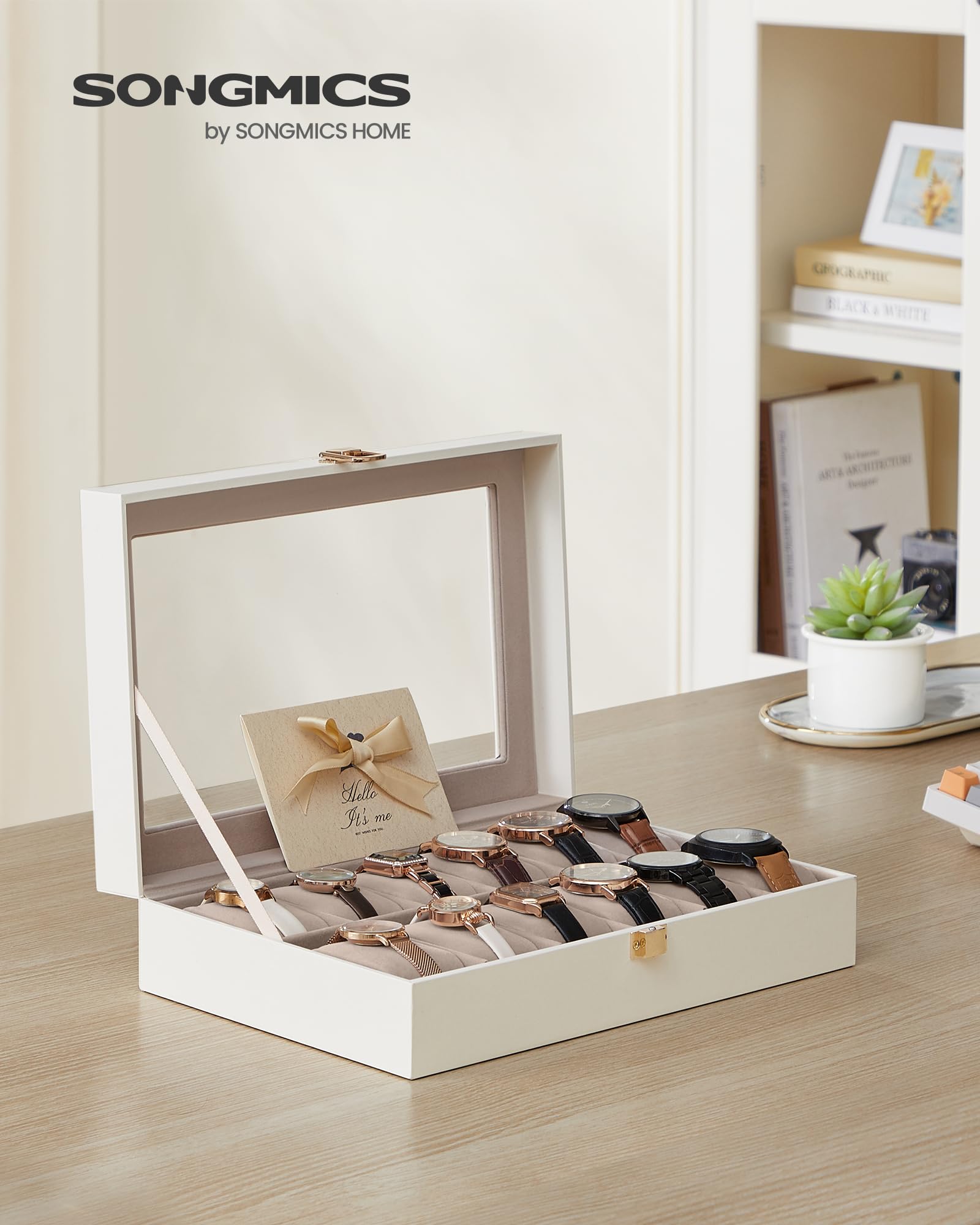 SONGMICS Watch Box, 12-Slot Watch Case Organizer with Large Glass Lid, Removable Pillows, Gift for Loved Ones, Black Synthetic Leather, Gray Lining UJWB12BK