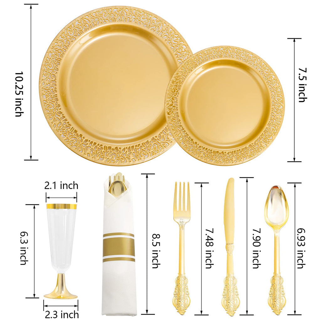 DaYammi 210Pcs White Gold Plastic Plates for Party,Gold Disposable Dinnerware Set Includes 60 gold Floral Plates,30 Plastic Silverware,30 Per Rolled Napkins,30 Cups for Mother's Day Party Wedding