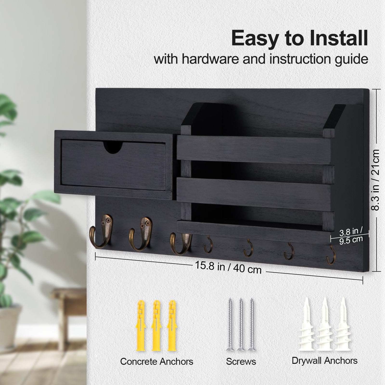 Wall Mount Key Holder with Mail Organizer, 100% Paulownia Wood, 7 Metal Hooks, Storage Drawer, Entryway Home Decor (Brown)
