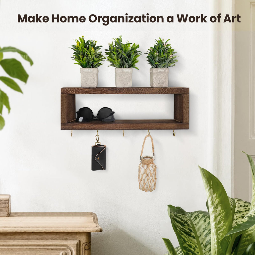 Wall Shelf with Hooks - Decorative Key and Wallet Holder for Wall Holds Sunglasses, Leashes, Scarves and Lanyards - 15.7" x 5.1" x 2.9" Entryway Organizer Made of Paulownia Wood (White)