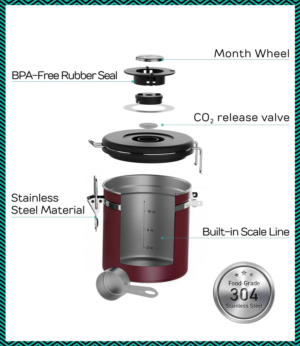 Coffee Gator Stainless Steel Canister - Medium 16oz, Gray Coffee Grounds and Beans Container with Date-Tracker, CO2-Release Valve, and Measuring Scoop - Ideal Coffee Lovers Gifts