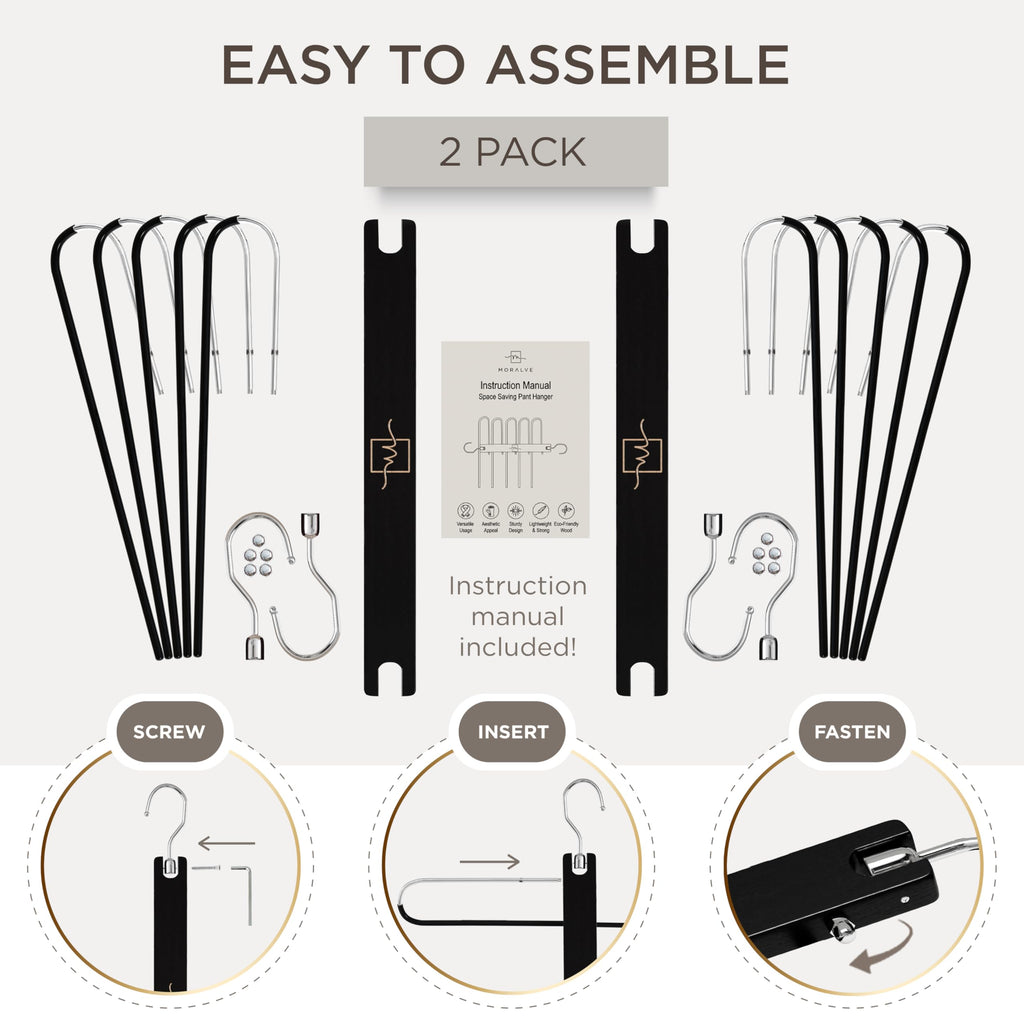 MORALVE Pants Hangers Space Saving - 2 Pack European Beechwood Scarf and Jean Hangers - Closet Organizer and Space Saver Pant Rack, Leggings Hanger, and Scarf Holder with 360° Swivel Hook
