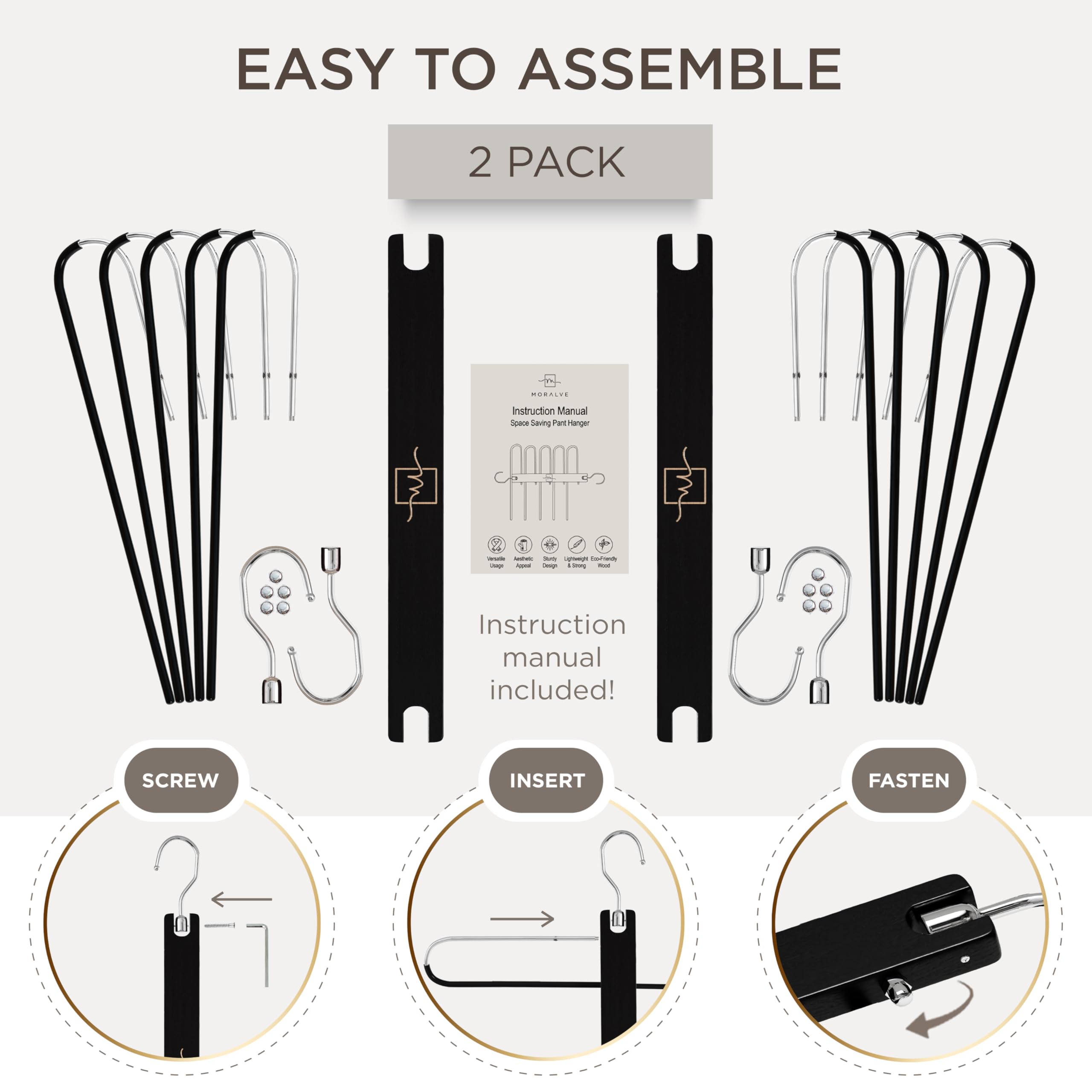 MORALVE Pants Hangers Space Saving - 2 Pack European Beechwood Scarf and Jean Hangers - Closet Organizer and Space Saver Pant Rack, Leggings Hanger, and Scarf Holder with 360° Swivel Hook